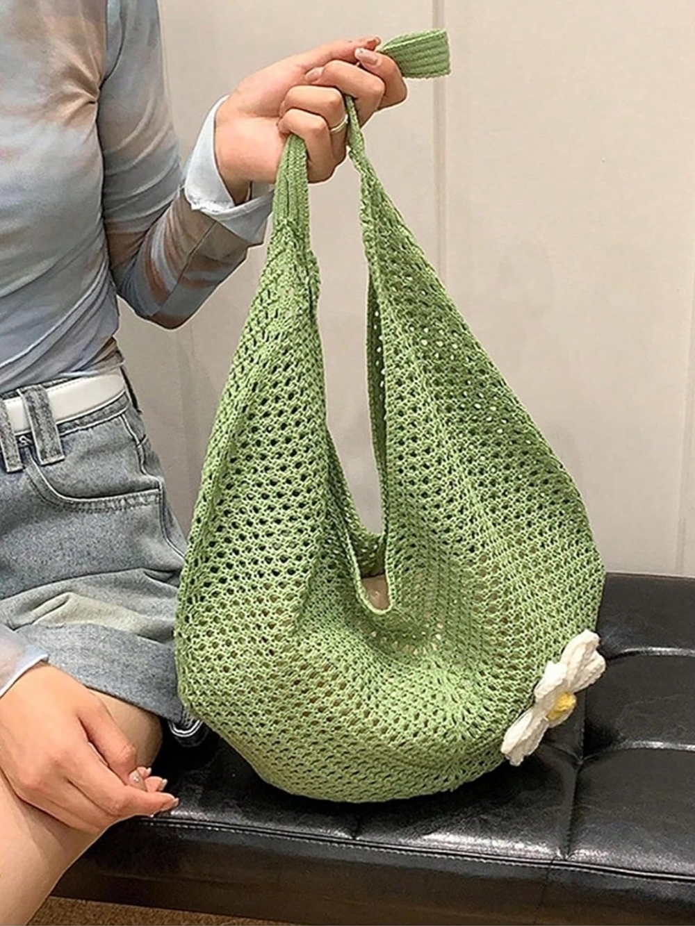 Green Crochet Daisy Tote Bag - Unbranded